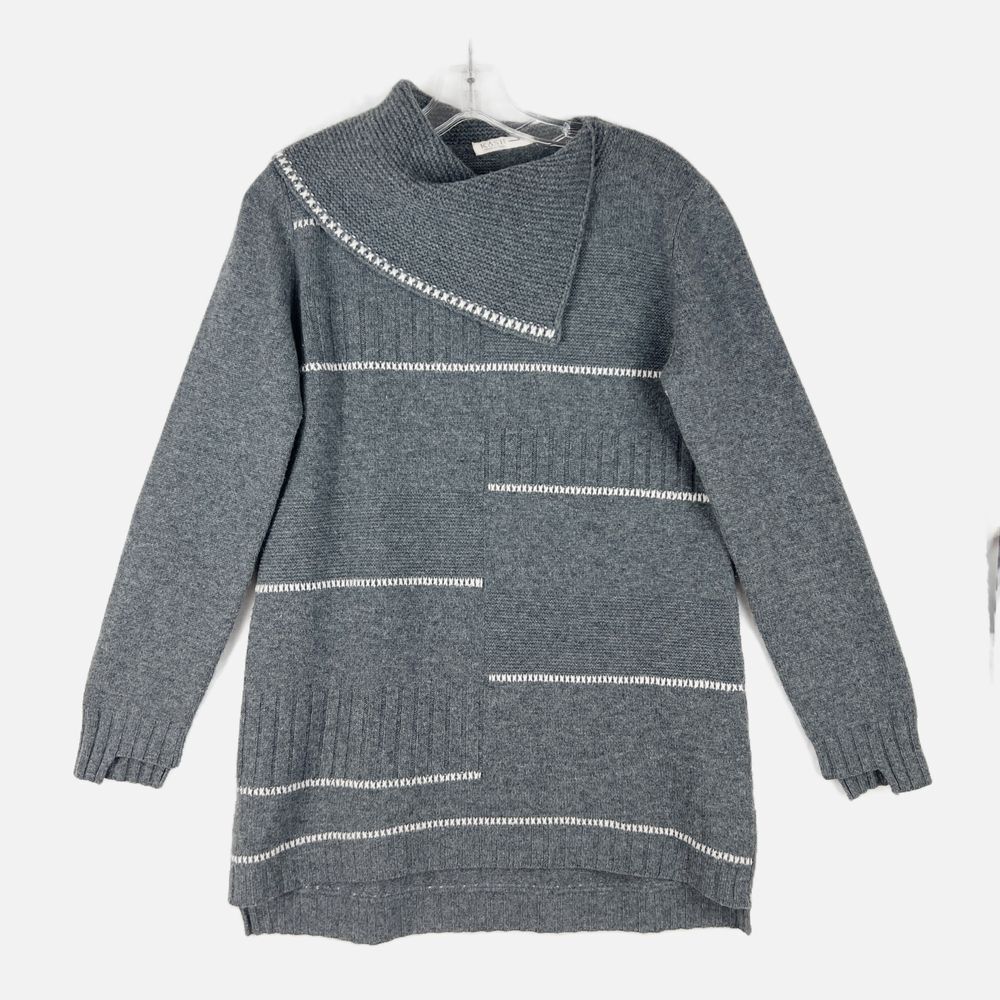 KASH Chunky Stripe Italian Gray Wool Cashmere Cowl Neck Sweater EU Sz 42 (Small)